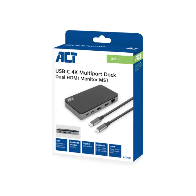 Dockingstation ACT USB-C 4K MST voor 2 HDMI monitoren