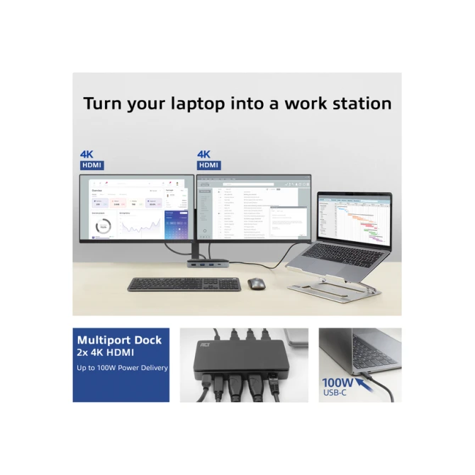 Dockingstation ACT USB-C 4K MST voor 2 HDMI monitoren