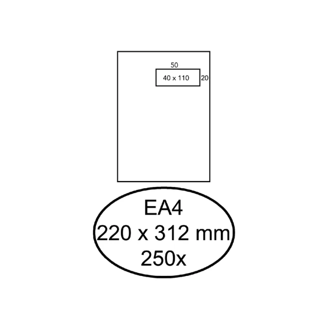 Envelop Hermes akte EA4 220x312mm venster rechts 4x11cm zelfklevend wit doos à 250 stuks