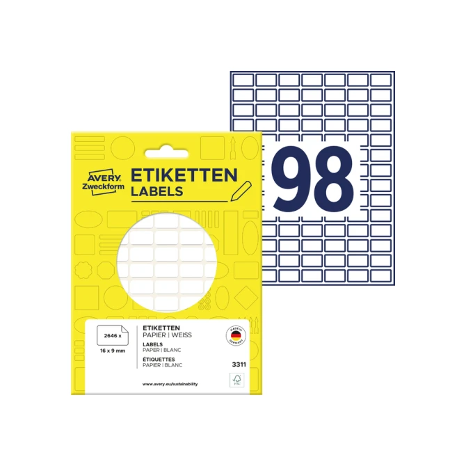 Etiket Avery 3311 16x9mm wit 2646 stuks