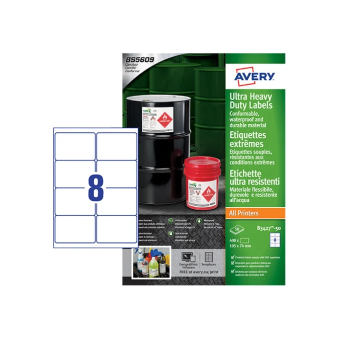 Etiket Avery B3427-50 105x74mm polyethyleen wit 400 etiketten
