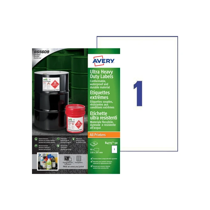Etiket Avery B4775-50 210x297mm polyethyleen wit 50 etiketten