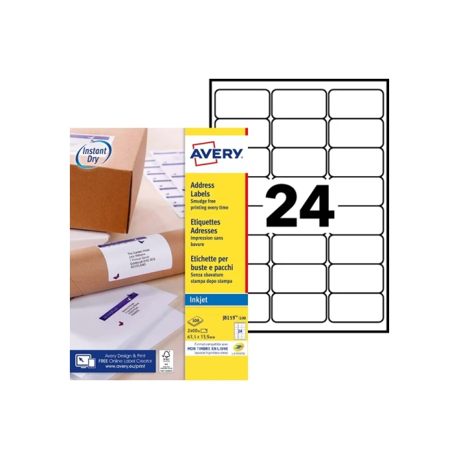 Etiket Avery J8159-100 63.5x33.9mm wit 2400 etiketten