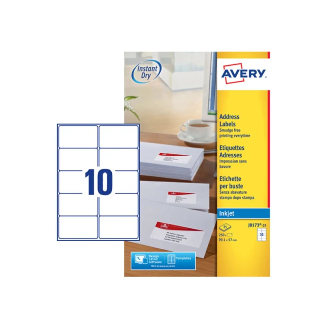 Etiket Avery J8173-25 99.1x57mm wit 250 stuks