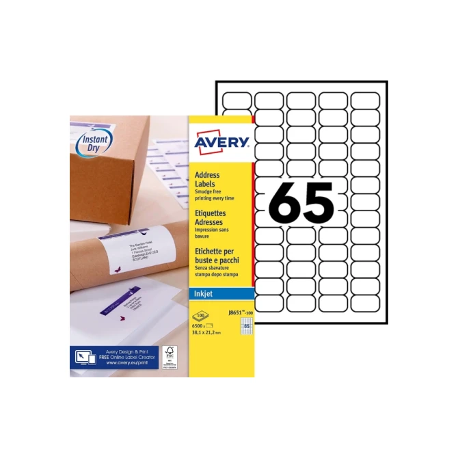 Etiket Avery J8651-100 38.1x21.2mm wit 6500 etiketten