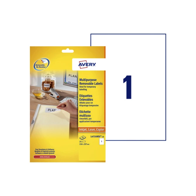 Etiket Avery L4735REV-25 210x297mm A4 wit 25 etiketten