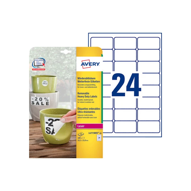 Etiket Avery L4773REV-20 63.5x33.9mm wit 480 etiketten