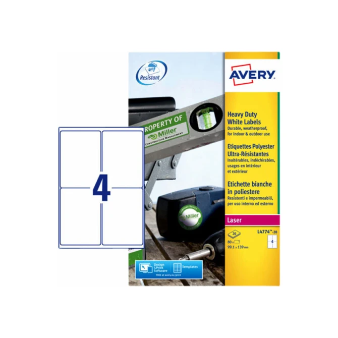 Etiket Avery L4774-20 99.1x139mm polyester wit 80 etiketten