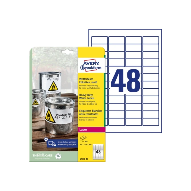 Etiket Avery L4778-20 45.7x21.2mm polyester wit 960 etiketten
