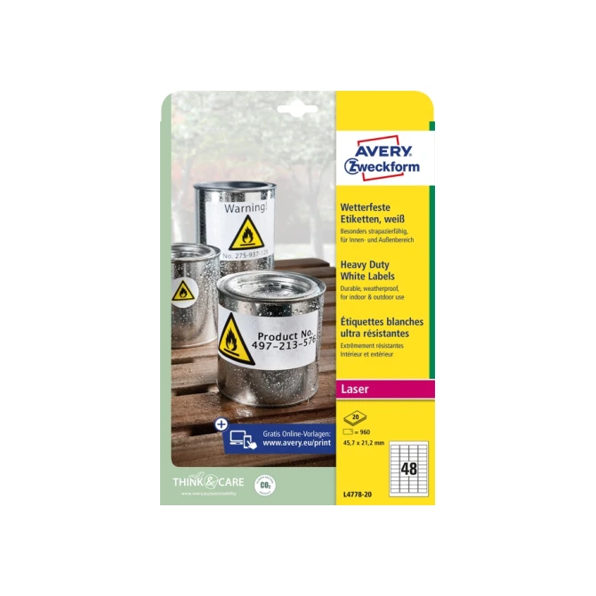 Etiket Avery L4778-20 45.7x21.2mm polyester wit 960 etiketten