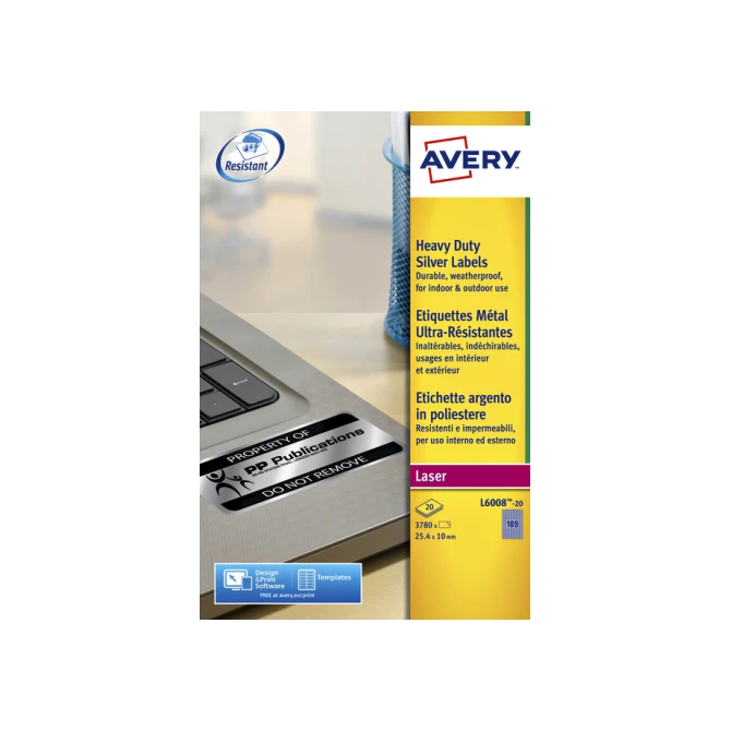Etiket Avery L6008-20 25.4x10mm zilver 3780 etiketten