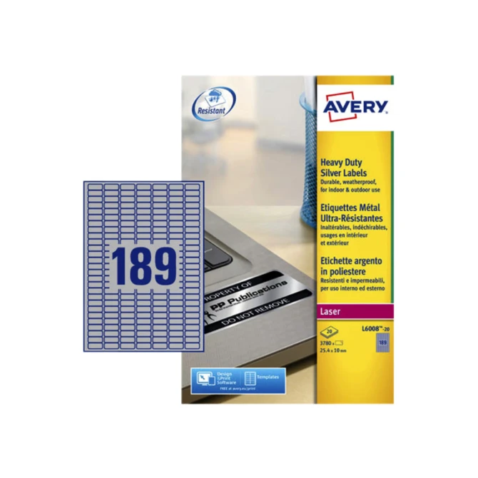 Etiket Avery L6008-20 25.4x10mm zilver 3780 etiketten