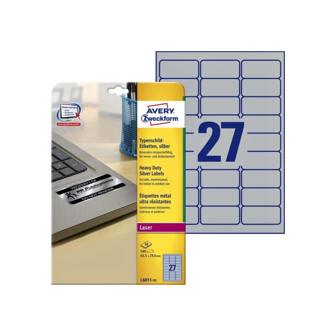 Etiket Avery L6011-20 63.5x29.6mm zilver 540stuk