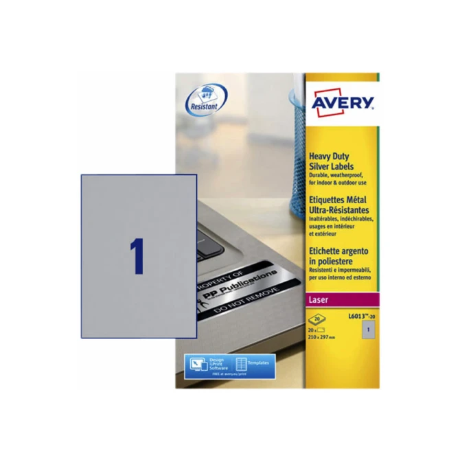 Etiket Avery L6013-20 210x297mm zilver 20 etiketten