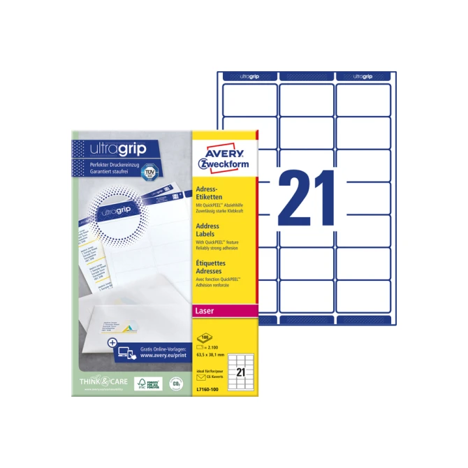 Etiket Avery L7160-100 63.5x38.1mm wit 2100 etiketten