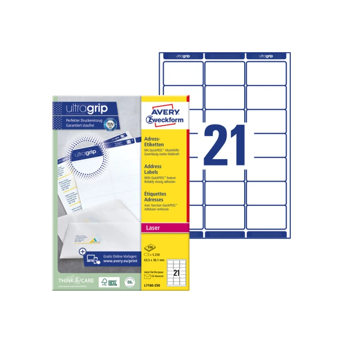 Etiket Avery L7160-250 63.5x38.1mm wit 5250 etiketten