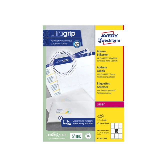 Etiket Avery L7161-100 63.5x46.6mm wit 1800 etiketten