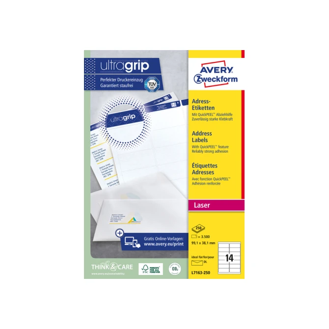 Etiket Avery L7163-250 99.1x38.1mm wit 3500 etiketten