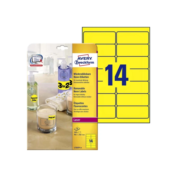 Etiket Avery L7263Y-100 99.1x38.1mm neon geel 1400 etiketten