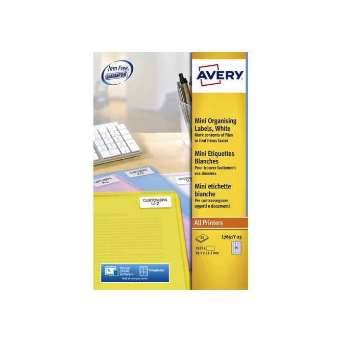 Etiket Avery L7651Y-25 38.1x21.2mm neon geel 1625 etiketten