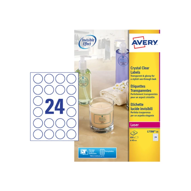 Etiket Avery L7780-25 rond 40mm transparant 600 etiketten