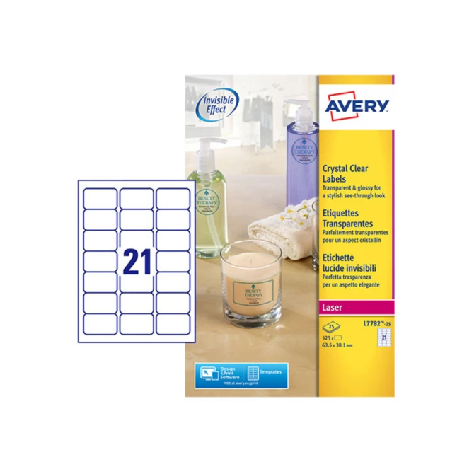 Etiket Avery L7782-25 63.5x38.1mm transparant 525 etiketten