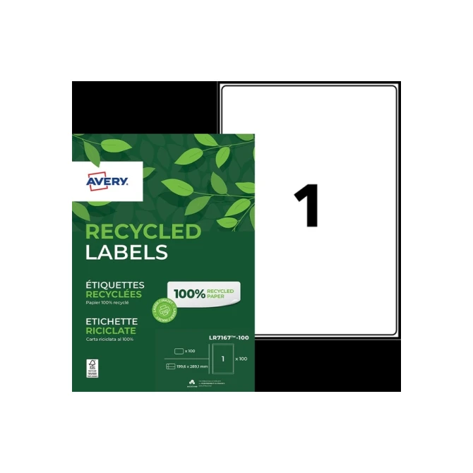 Etiket Avery LR7167-100 199.6x289.1mm recycled wit 100 etiketten