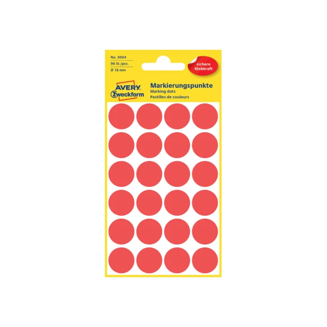Etiket Avery Zweckform 3004 rond 18mm rood 96 etiketten