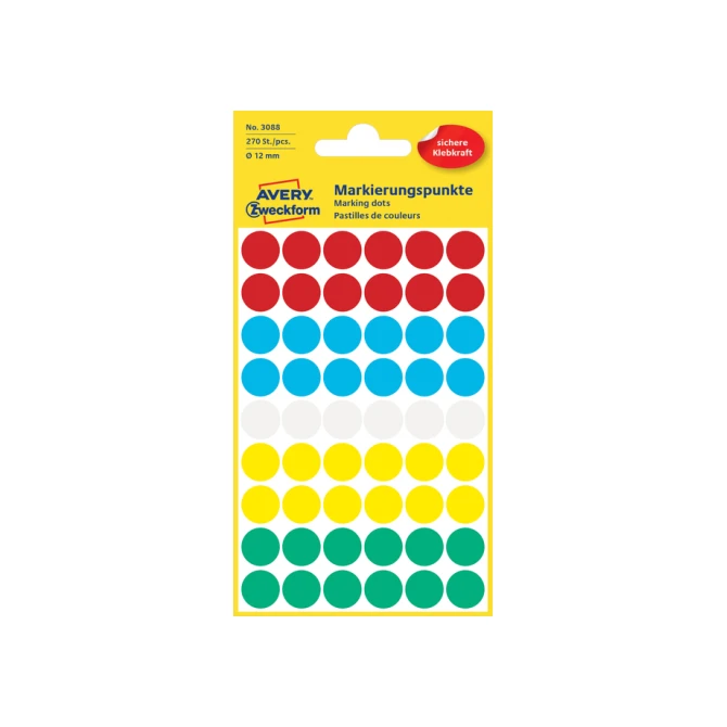 Etiket Avery Zweckform 3088 rond 12mm assorti 270 etiketten