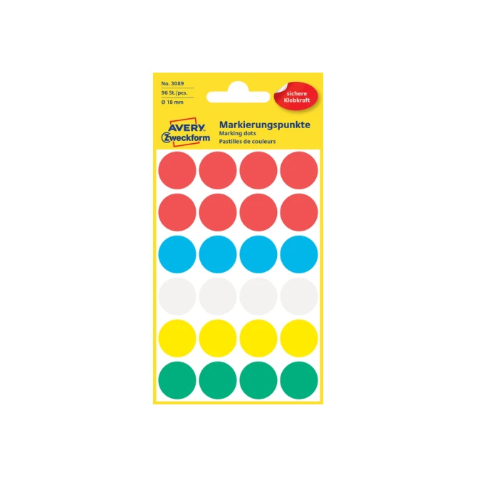 Etiket Avery Zweckform 3089 rond 18mm assorti 96stuks