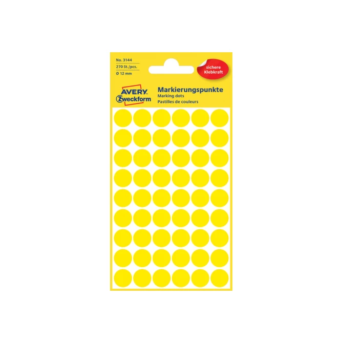 Etiket Avery Zweckform 3144 rond 12mm geel 270 etiketten