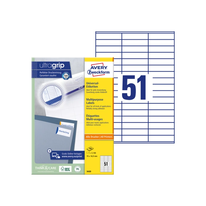 Etiket Avery Zweckform 3420 70x16.9mm wit 5100stuks