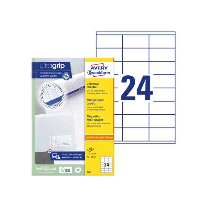 Etiket Avery Zweckform 3422 70x35mm wit 2400stuks