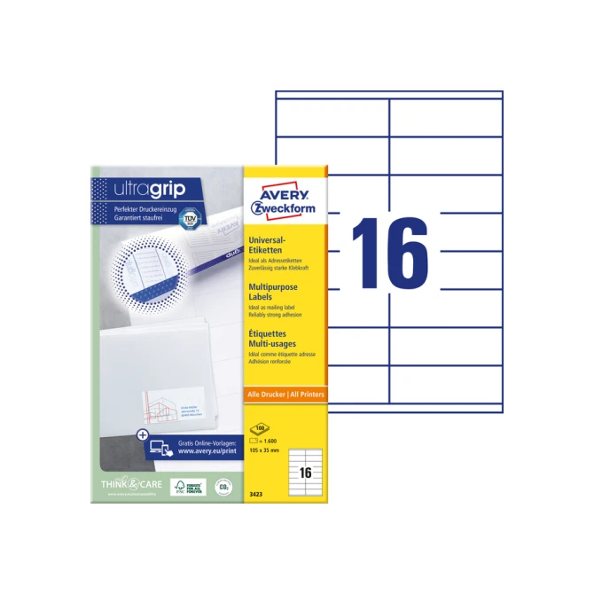 Etiket Avery Zweckform 3423 105x35mm wit 1600stuks
