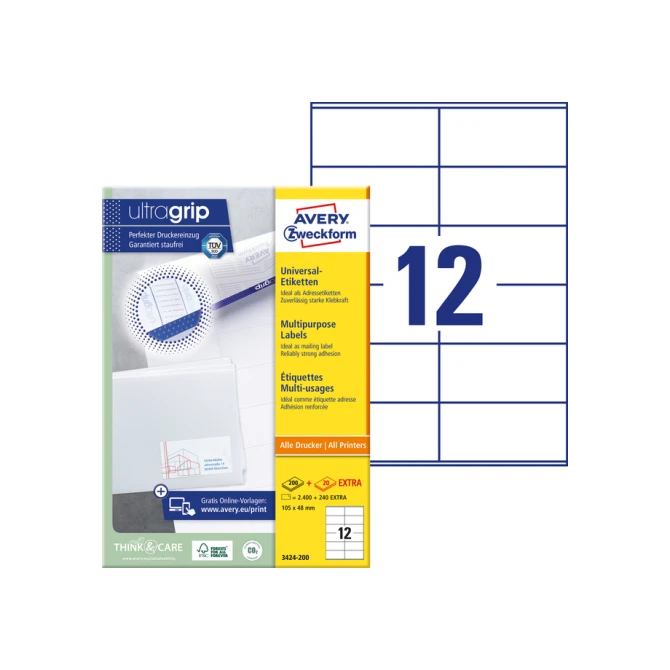Etiket Avery Zweckform 3424-200 105x48mm wit 2400stuks