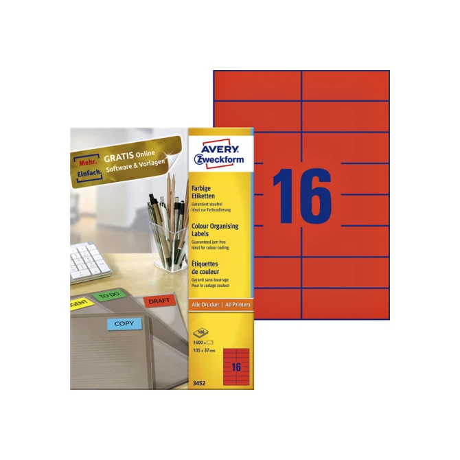 Etiket Avery Zweckform 3452 105x37mm rood 1600stuks