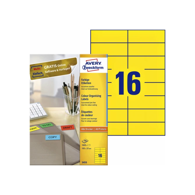 Etiket Avery Zweckform 3455 105x37mm geel 1600stuks