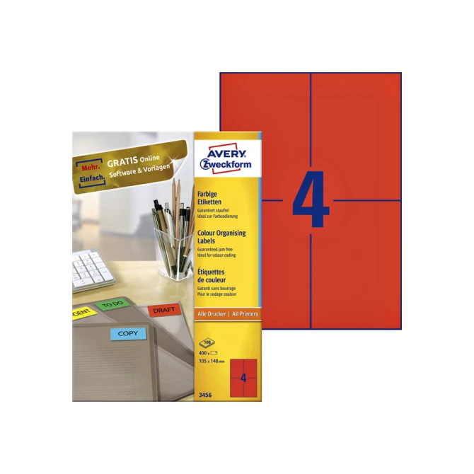 Etiket Avery Zweckform 3456 105x148mm A6 rood 400stuks
