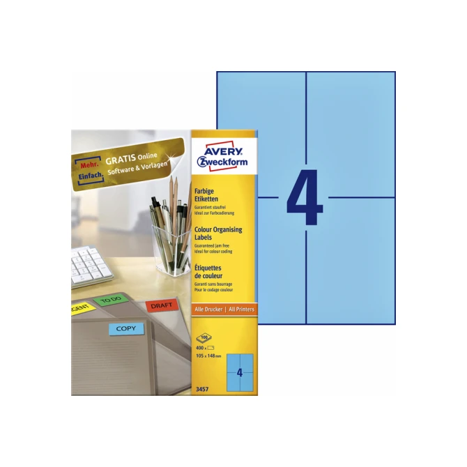 Etiket Avery Zweckform 3457 105x148mm A6 blauw 400stuks