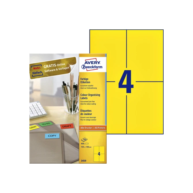 Etiket Avery Zweckform 3459 105x148mm A6 geel 400stuks