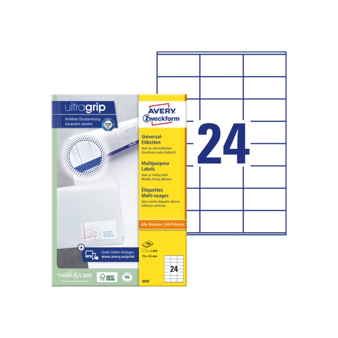 Etiket Avery Zweckform 3475 70x36mm wit 2400stuks
