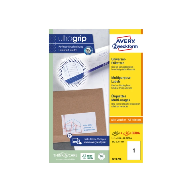 Etiket Avery Zweckform 3478-200 210x297mm A4 wit 200stuks