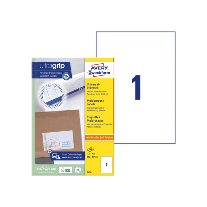 Etiket Avery Zweckform 3478 210x297mm A4 wit 100stuks