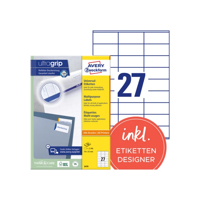 Etiket Avery Zweckform 3479 70x32mm wit 2700stuks