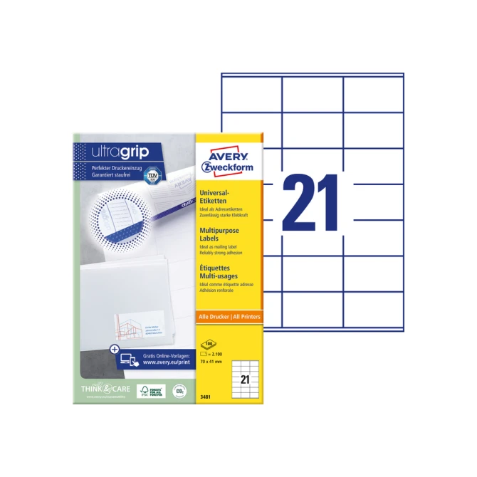 Etiket Avery Zweckform 3481 70x41mm wit 2100stuks