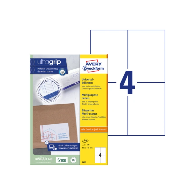 Etiket Avery Zweckform 3483 105x148mm A6 wit 400stuks