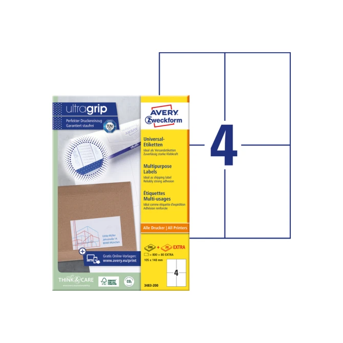 Etiket Avery Zweckform 3483-200 105x148mm A6 wit 800stuks