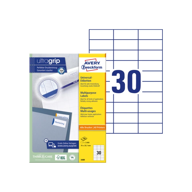 Etiket Avery Zweckform 3489 70x29.7mm wit 3000stuks