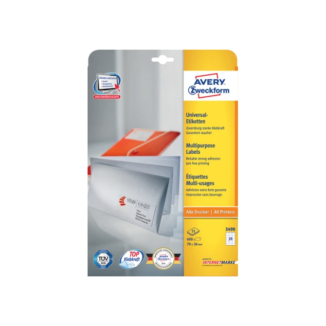 Etiket Avery Zweckform 3490 70x36mm wit 600stuks