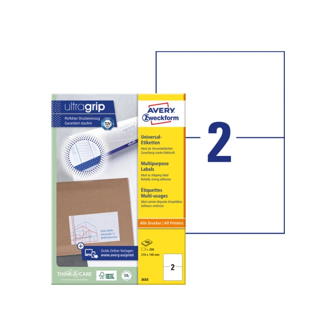 Etiket Avery Zweckform 3655 210x148mm A5 wit 200stuks